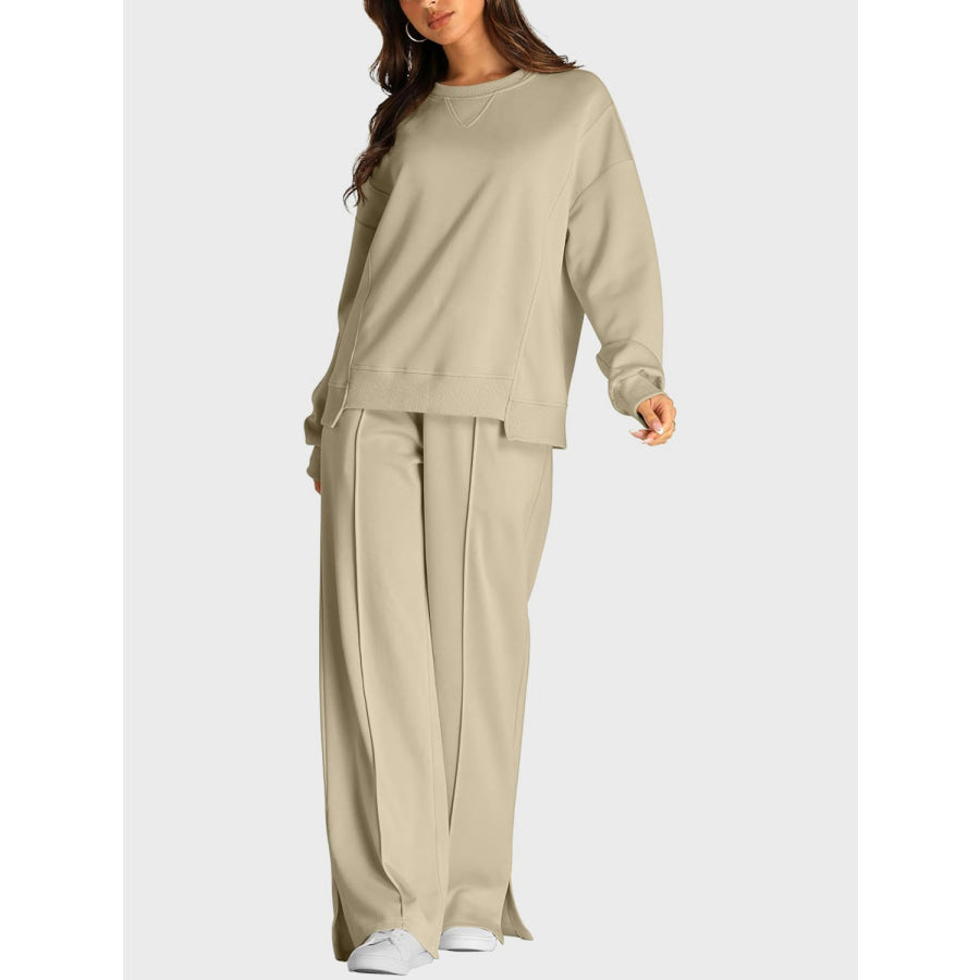 Round Neck Long Sleeve Top and Slit Pants Set Khaki / S Apparel and Accessories