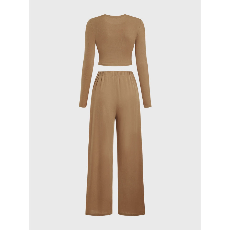 Round Neck Long Sleeve Top and Tied Pants Set Camel / S Apparel and Accessories