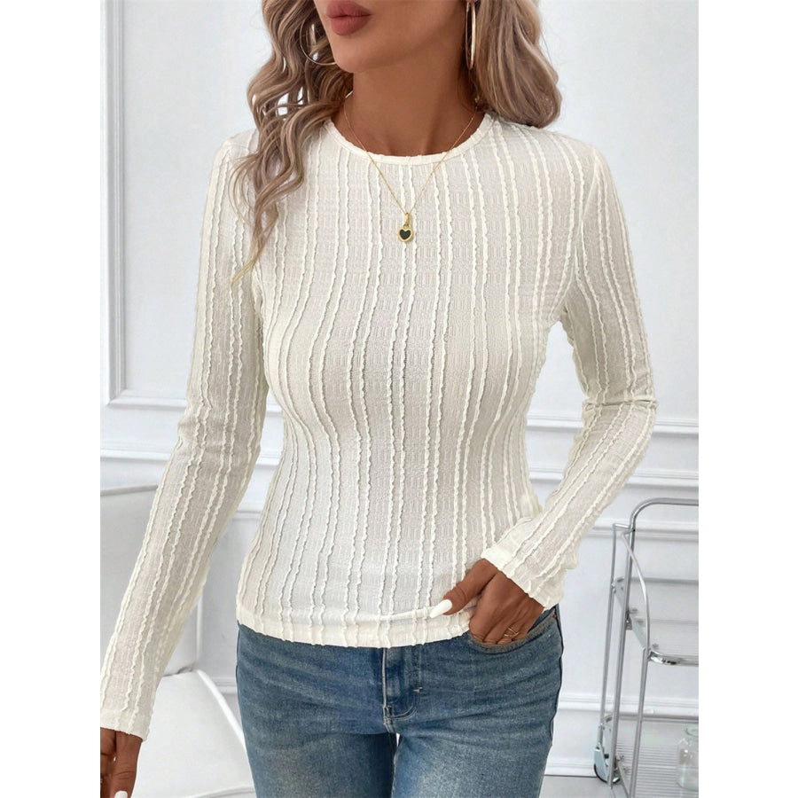 Round Neck Long Sleeve Top Beige / S Apparel and Accessories