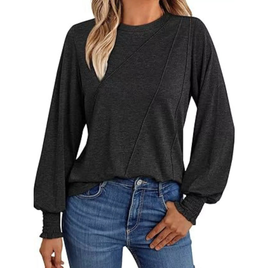 Round Neck Long Sleeve Top Black / S Apparel and Accessories
