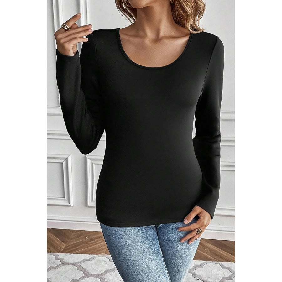 Round Neck Long Sleeve Top Black / S Apparel and Accessories