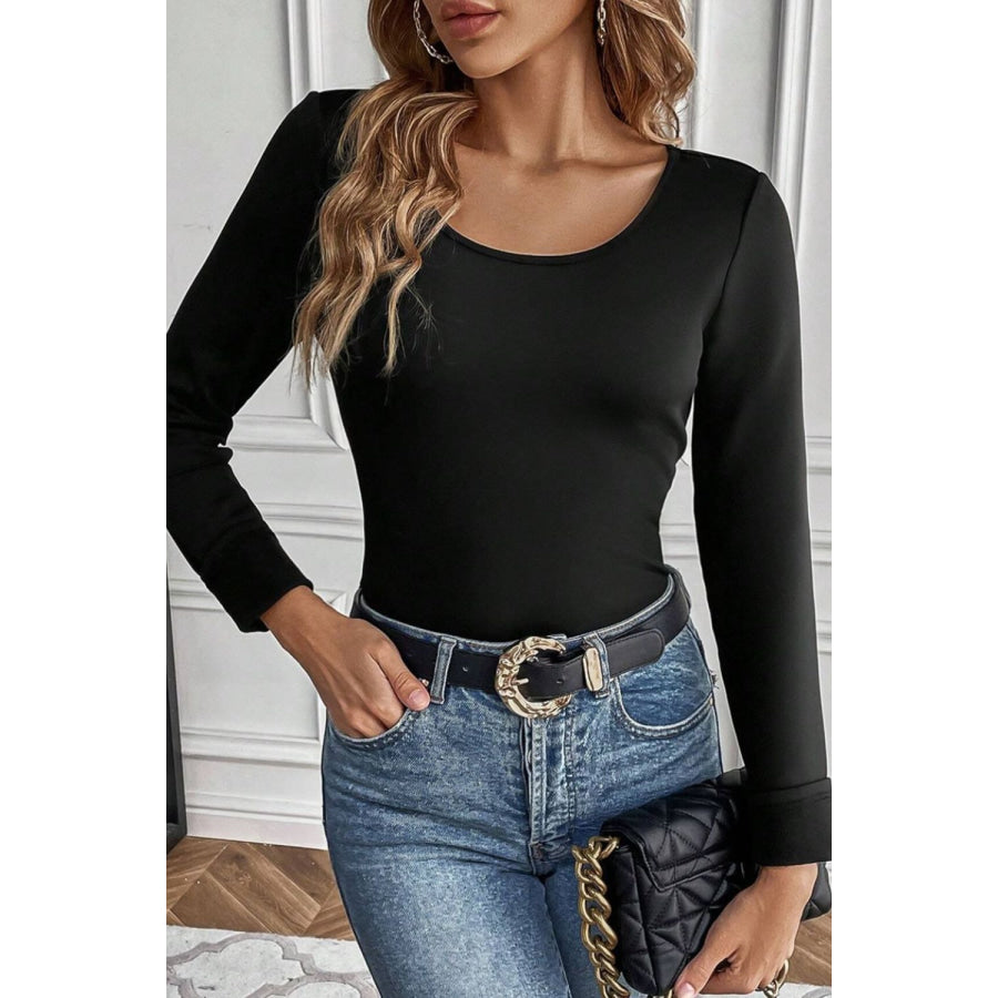 Round Neck Long Sleeve Top Black / S Apparel and Accessories