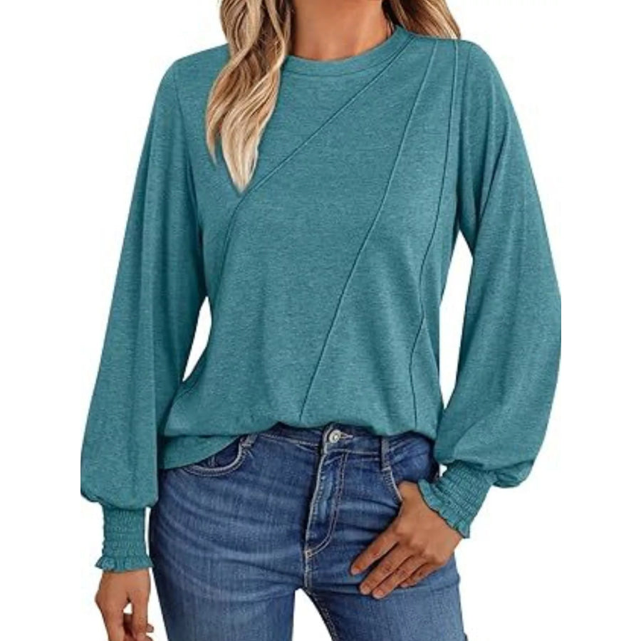 Round Neck Long Sleeve Top Blue Green / S Apparel and Accessories