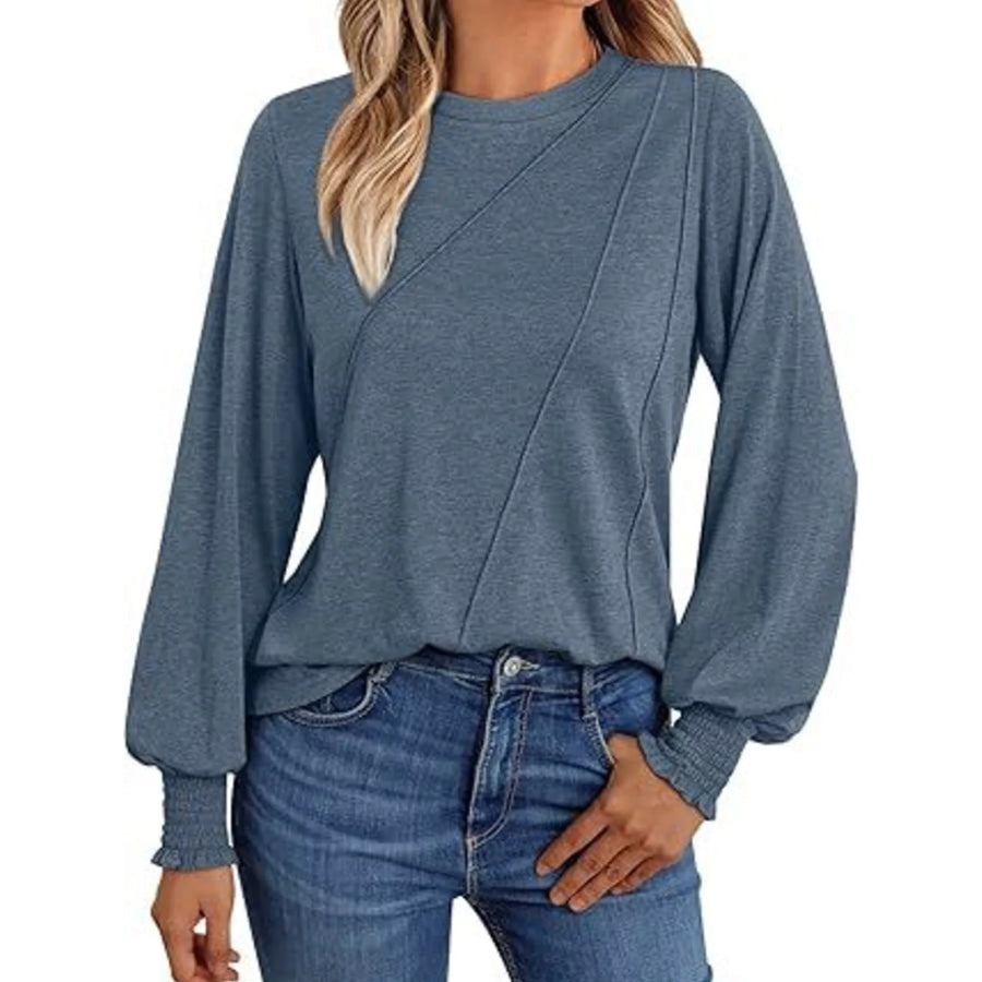 Round Neck Long Sleeve Top Blue / S Apparel and Accessories