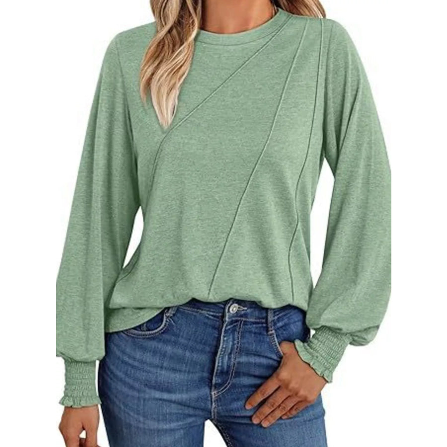 Round Neck Long Sleeve Top Light Green / S Apparel and Accessories