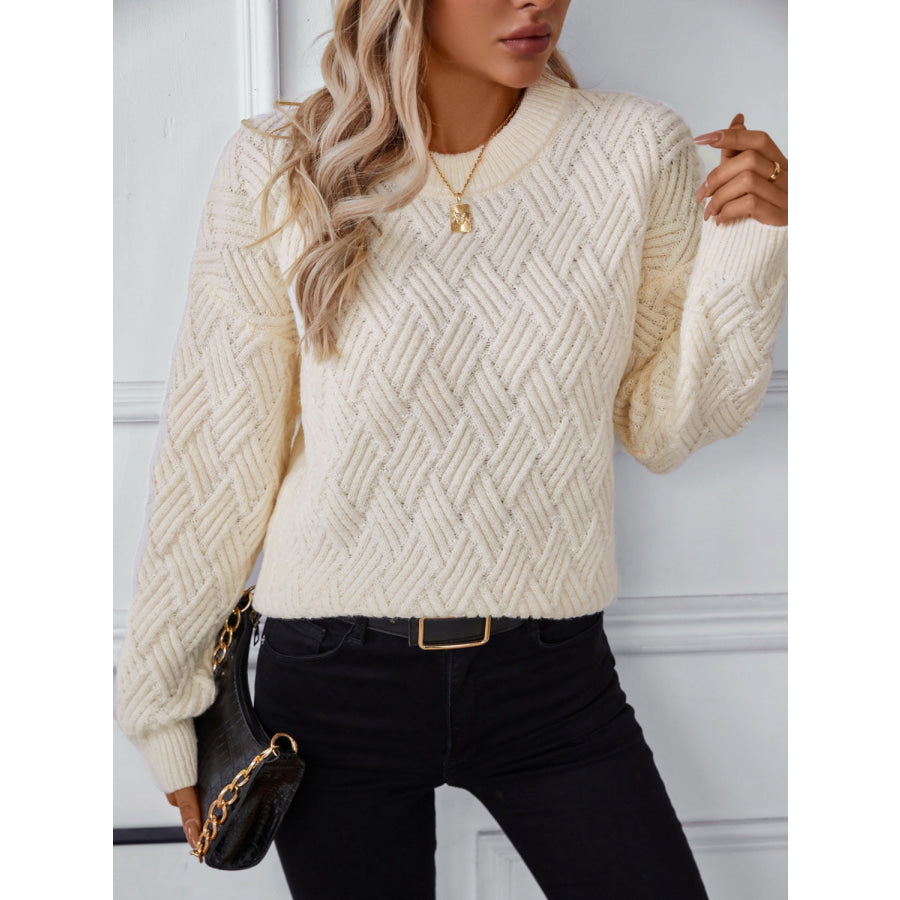 Round Neck Long Sleeve Woven Sweater Apparel and Accessories