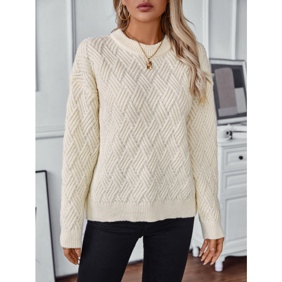 Round Neck Long Sleeve Woven Sweater Apparel and Accessories