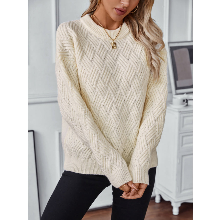 Round Neck Long Sleeve Woven Sweater Apparel and Accessories