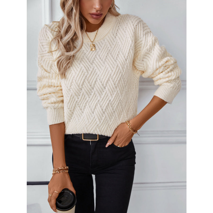 Round Neck Long Sleeve Woven Sweater Apparel and Accessories