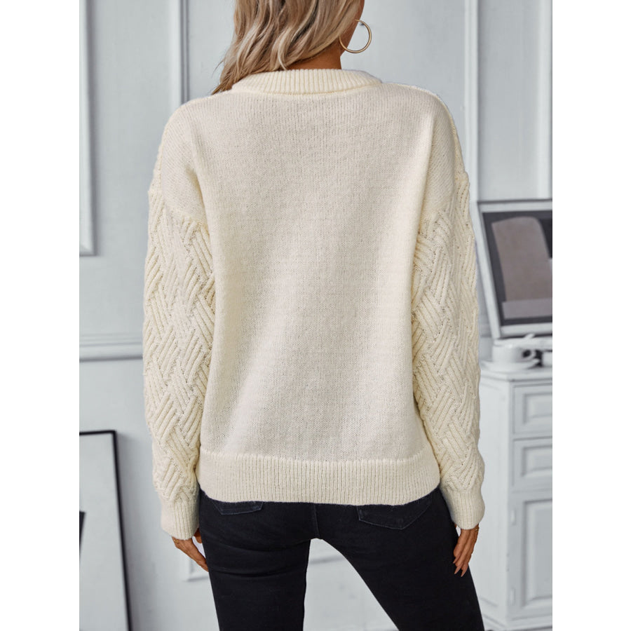 Round Neck Long Sleeve Woven Sweater Dust Storm / S Apparel and Accessories