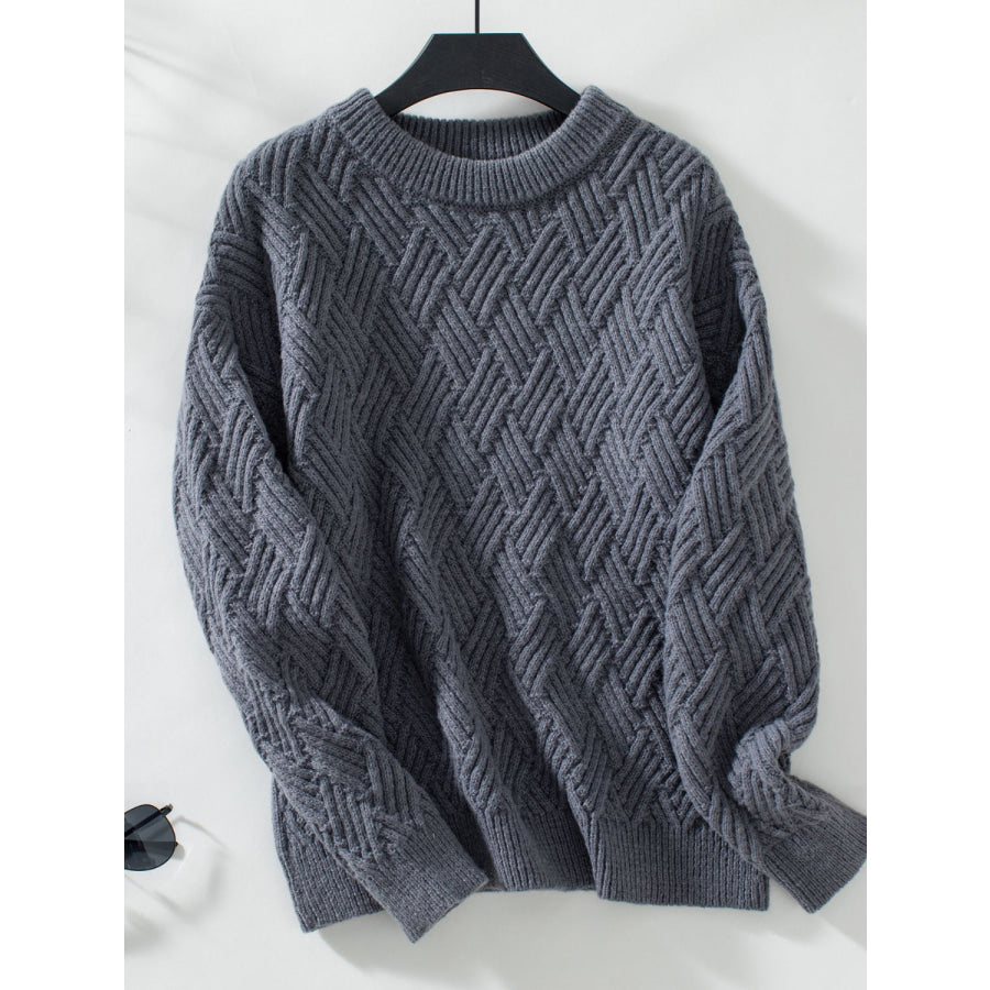 Round Neck Long Sleeve Woven Sweater Dark Gray / S Apparel and Accessories