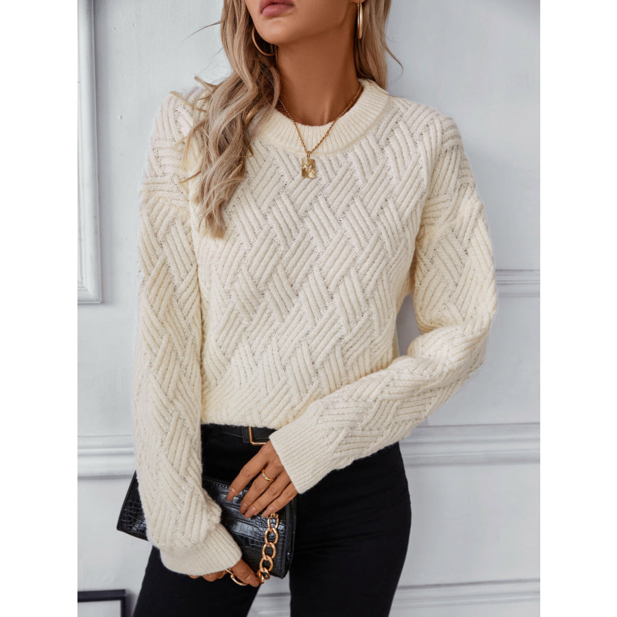 Round Neck Long Sleeve Woven Sweater Dust Storm / S Apparel and Accessories