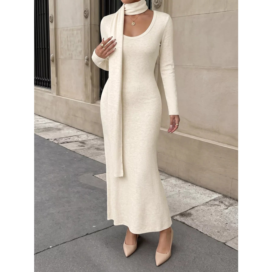 Round Neck Maxi Knit Dress with Matching Scarf Apparel and Accessories