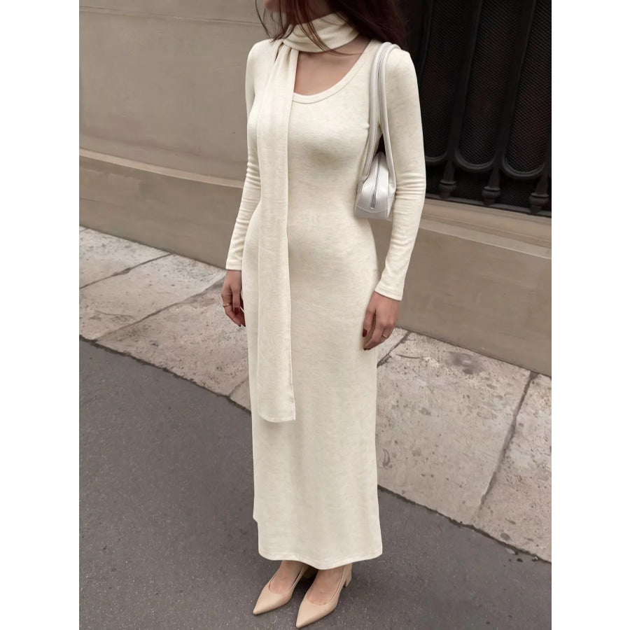 Round Neck Maxi Knit Dress with Matching Scarf Apparel and Accessories