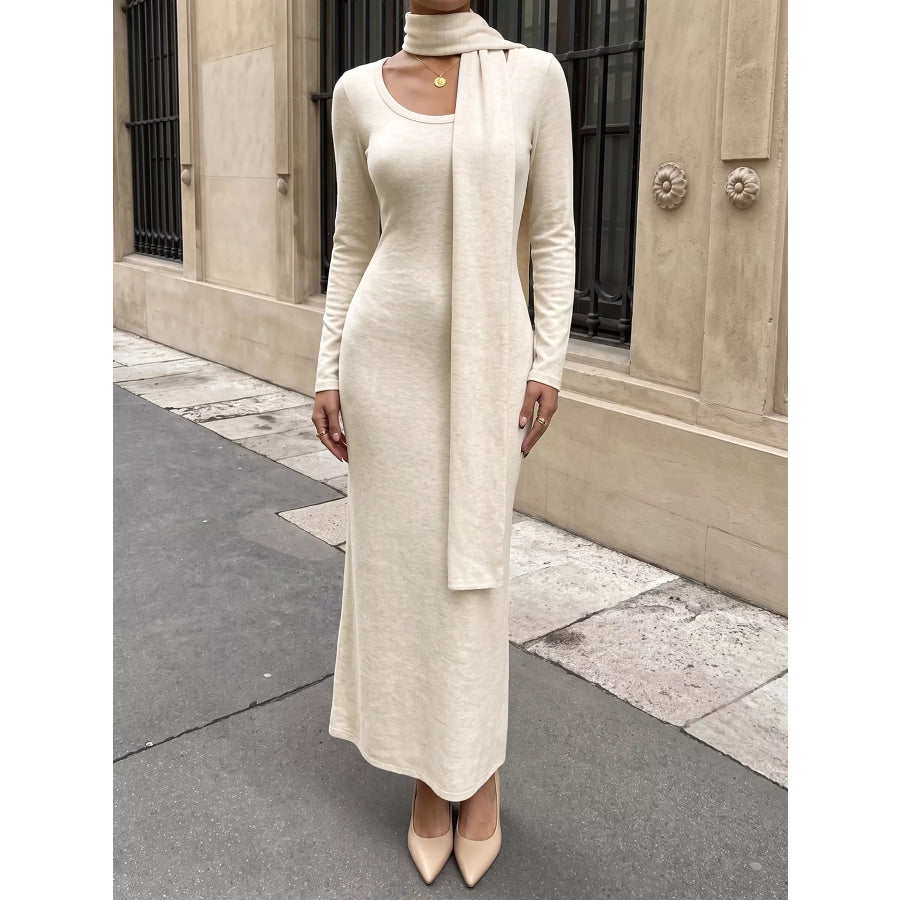 Round Neck Maxi Knit Dress with Matching Scarf Apparel and Accessories