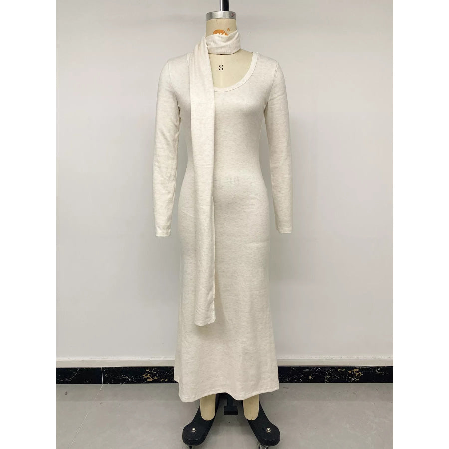 Round Neck Maxi Knit Dress with Matching Scarf Apparel and Accessories