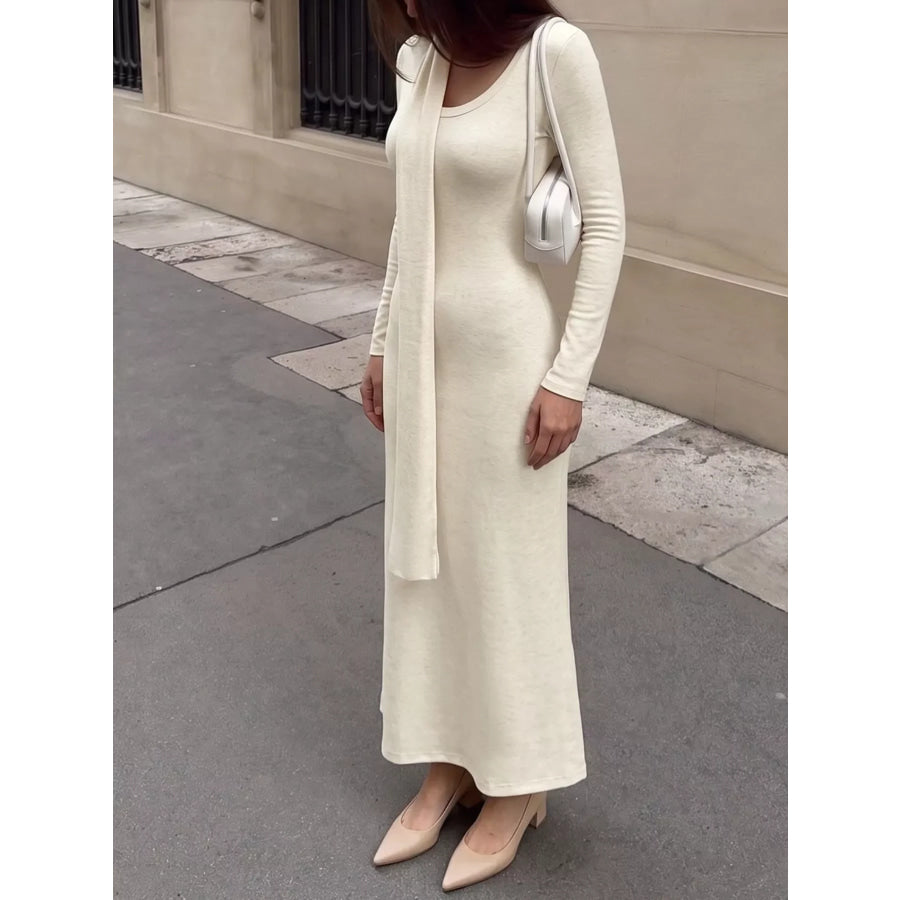 Round Neck Maxi Knit Dress with Matching Scarf Apparel and Accessories