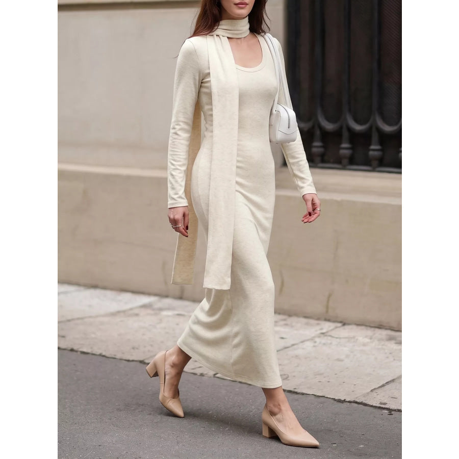 Round Neck Maxi Knit Dress with Matching Scarf Apricot / S Apparel and Accessories