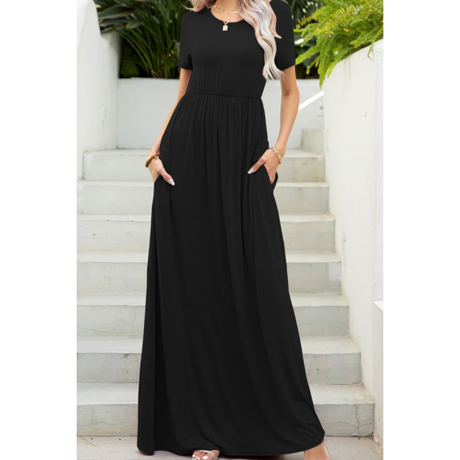 Round Neck Maxi Tee Dress with Pockets Black / S