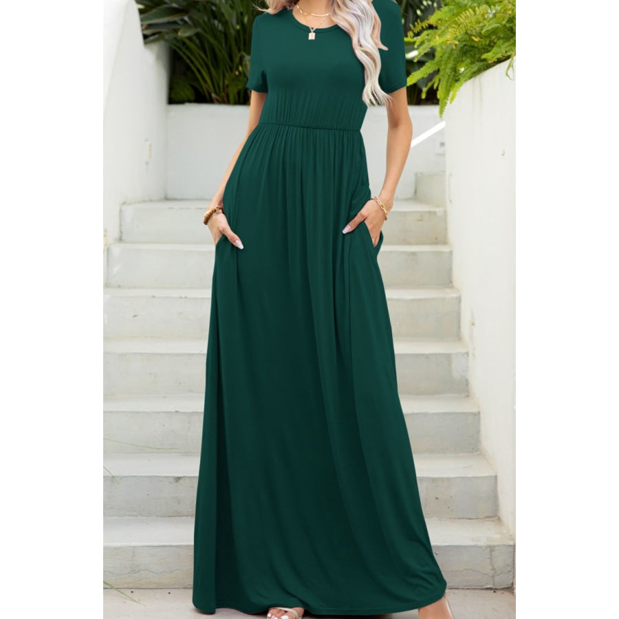 Round Neck Maxi Tee Dress with Pockets Forest / S