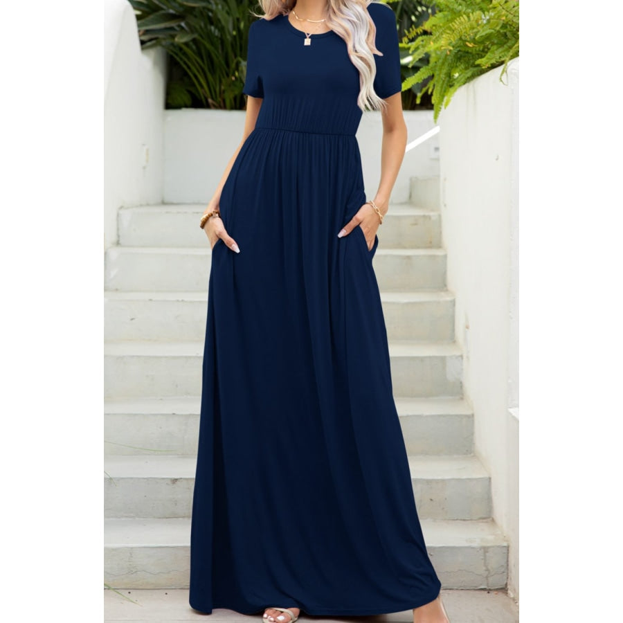 Round Neck Maxi Tee Dress with Pockets Navy / S