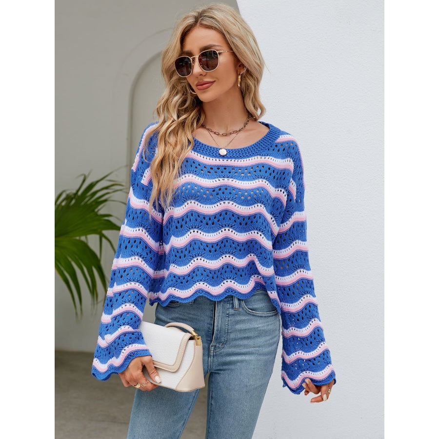 Round Neck Openwork Flare Sleeve Knit Top Cobalt Blue / S