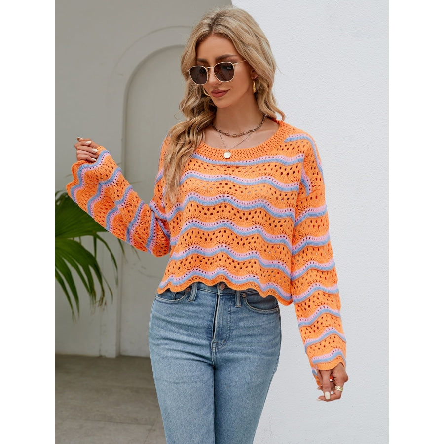 Round Neck Openwork Flare Sleeve Knit Top Red Orange / S