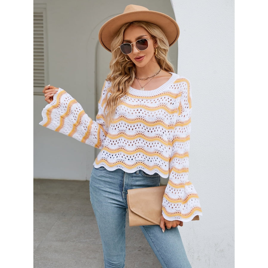 Round Neck Openwork Flare Sleeve Knit Top Tangerine / S