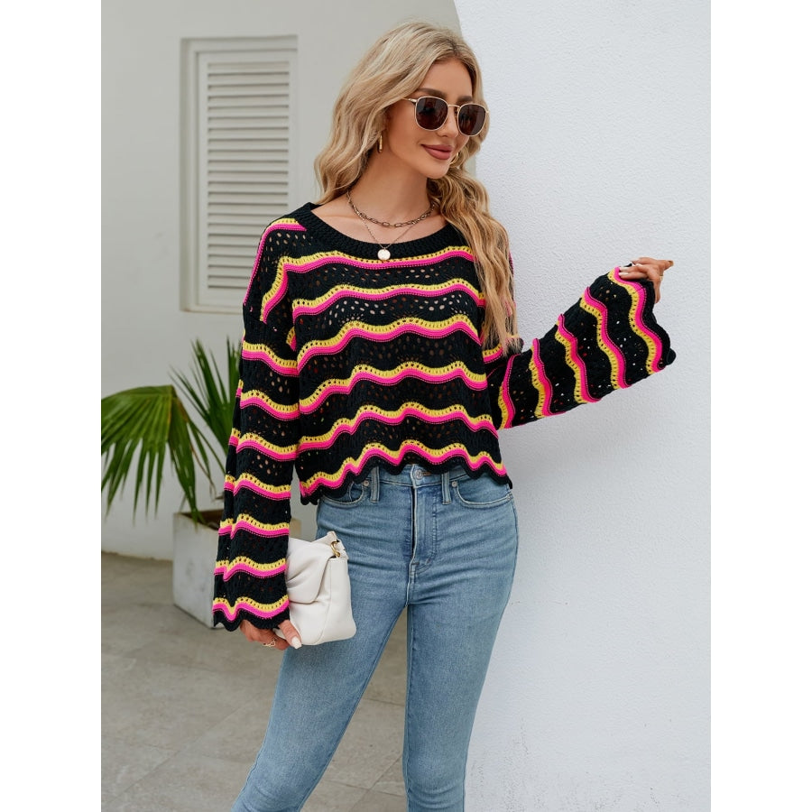 Round Neck Openwork Flare Sleeve Knit Top