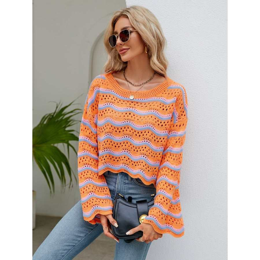 Round Neck Openwork Flare Sleeve Knit Top