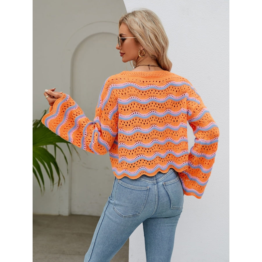 Round Neck Openwork Flare Sleeve Knit Top Red Orange / S