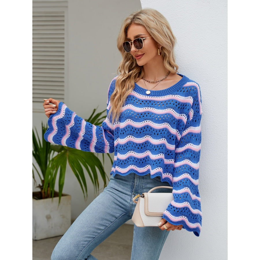 Round Neck Openwork Flare Sleeve Knit Top