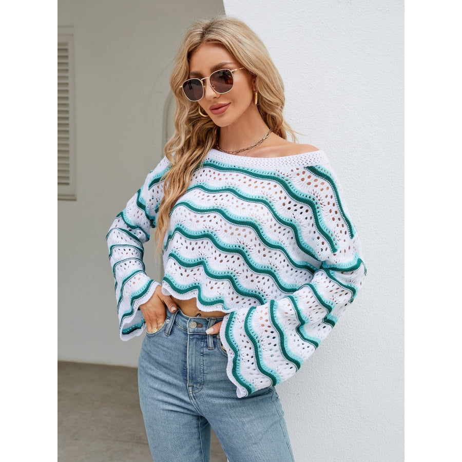 Round Neck Openwork Flare Sleeve Knit Top