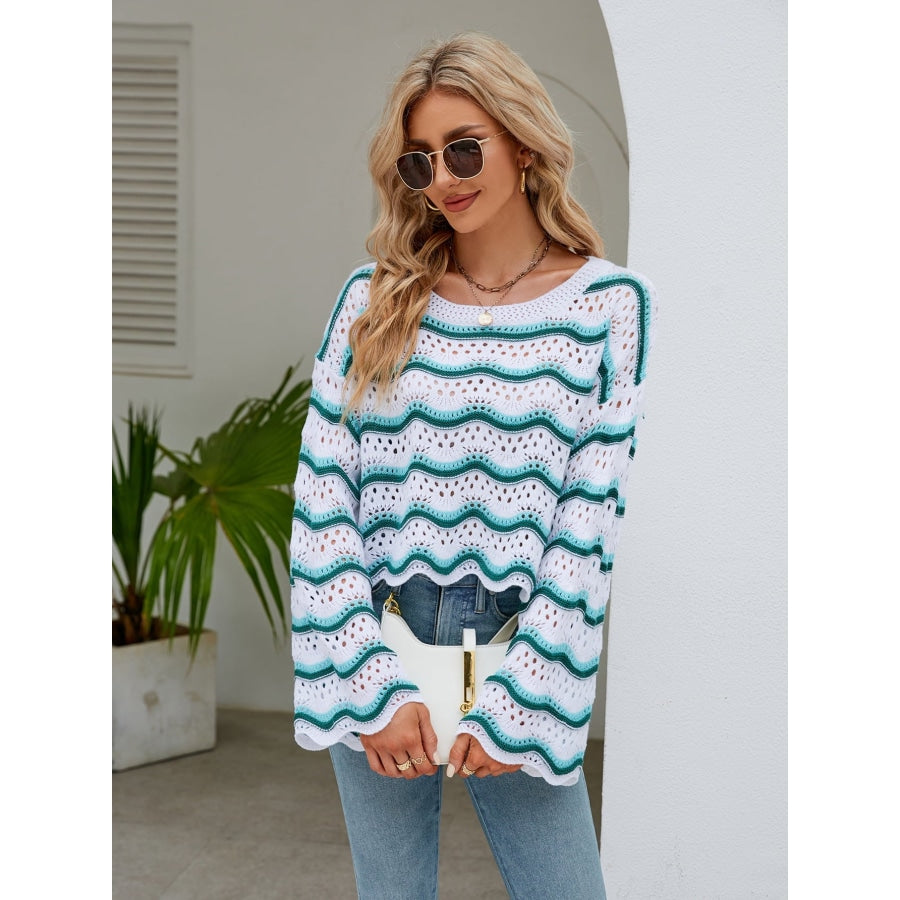 Round Neck Openwork Flare Sleeve Knit Top