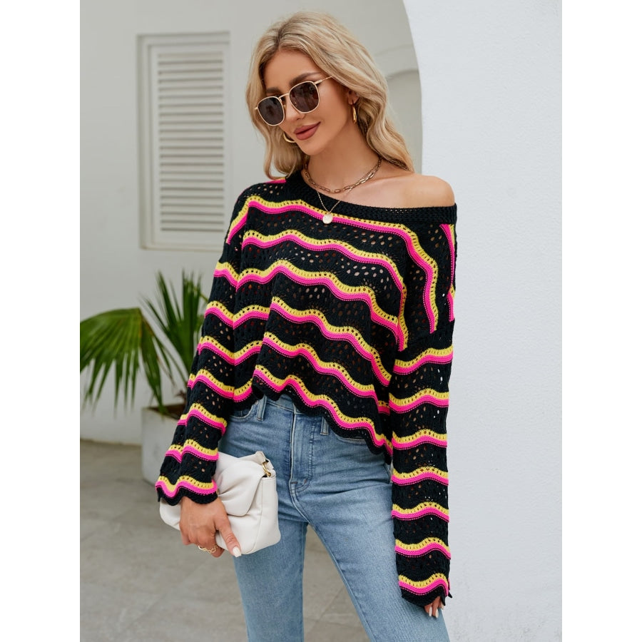 Round Neck Openwork Flare Sleeve Knit Top