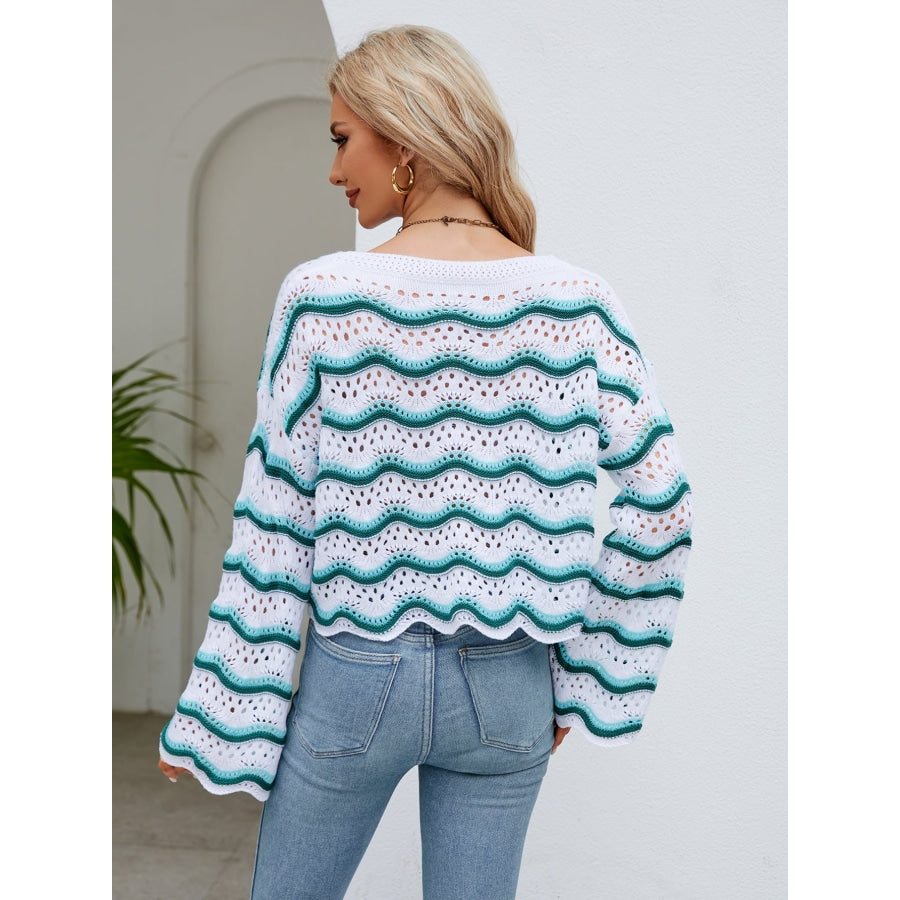 Round Neck Openwork Flare Sleeve Knit Top