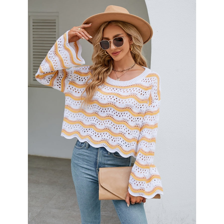 Round Neck Openwork Flare Sleeve Knit Top