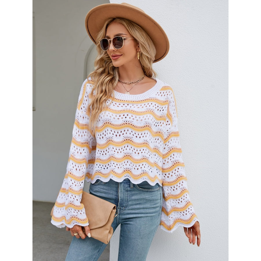 Round Neck Openwork Flare Sleeve Knit Top