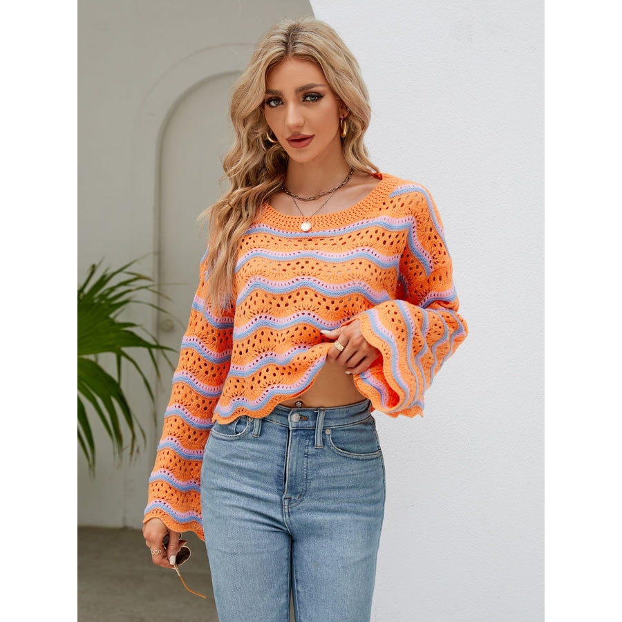 Round Neck Openwork Flare Sleeve Knit Top