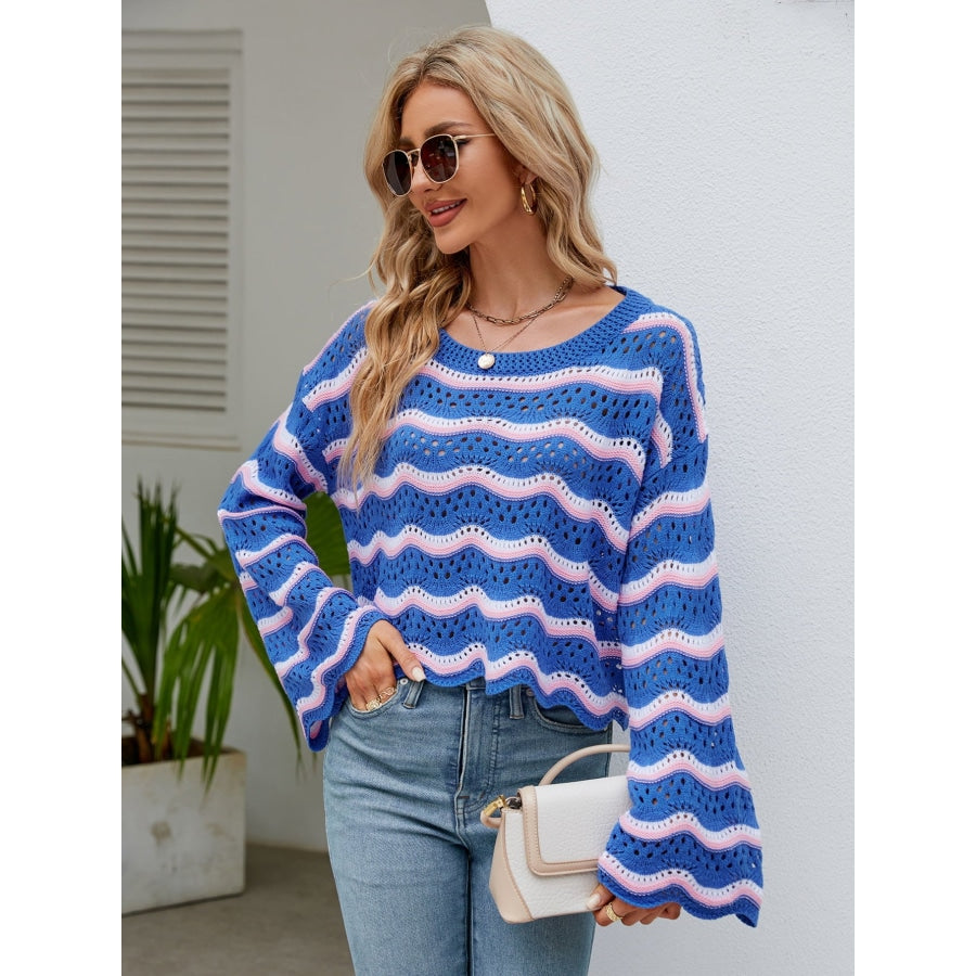 Round Neck Openwork Flare Sleeve Knit Top