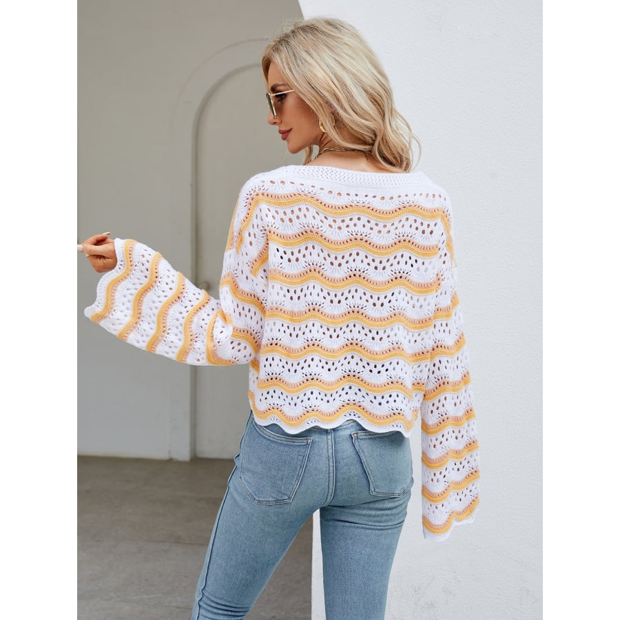 Round Neck Openwork Flare Sleeve Knit Top