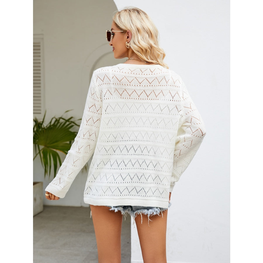 Round Neck Openwork Long Sleeve Knit Top White / S