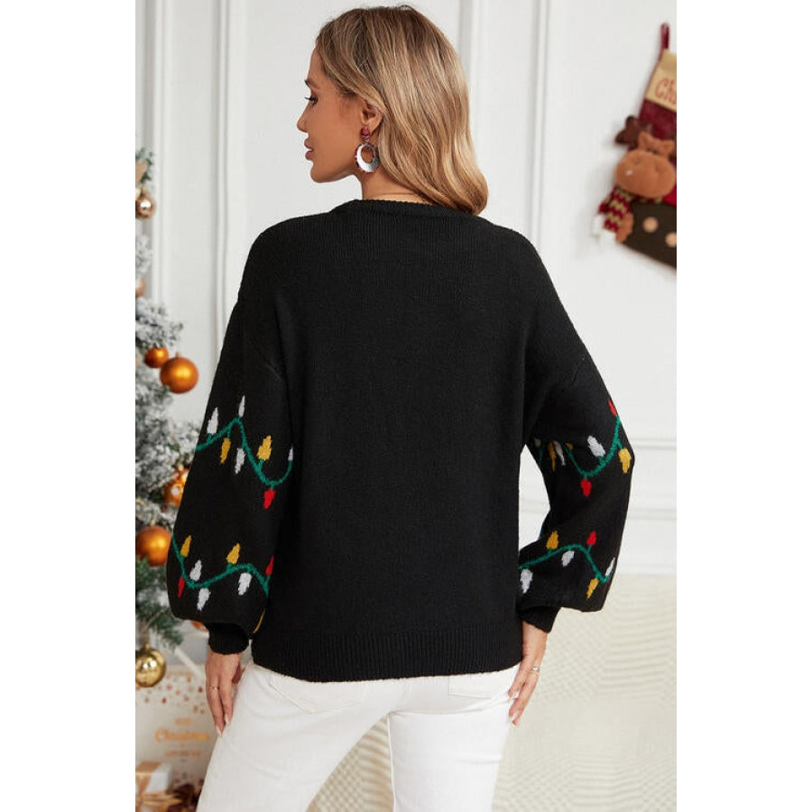 Round Neck Pattern Lantern Sleeve Sweater