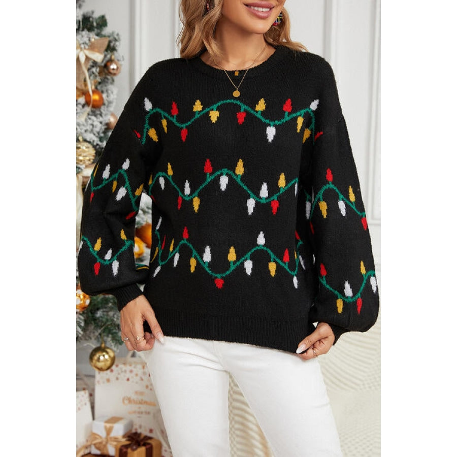 Round Neck Pattern Lantern Sleeve Sweater