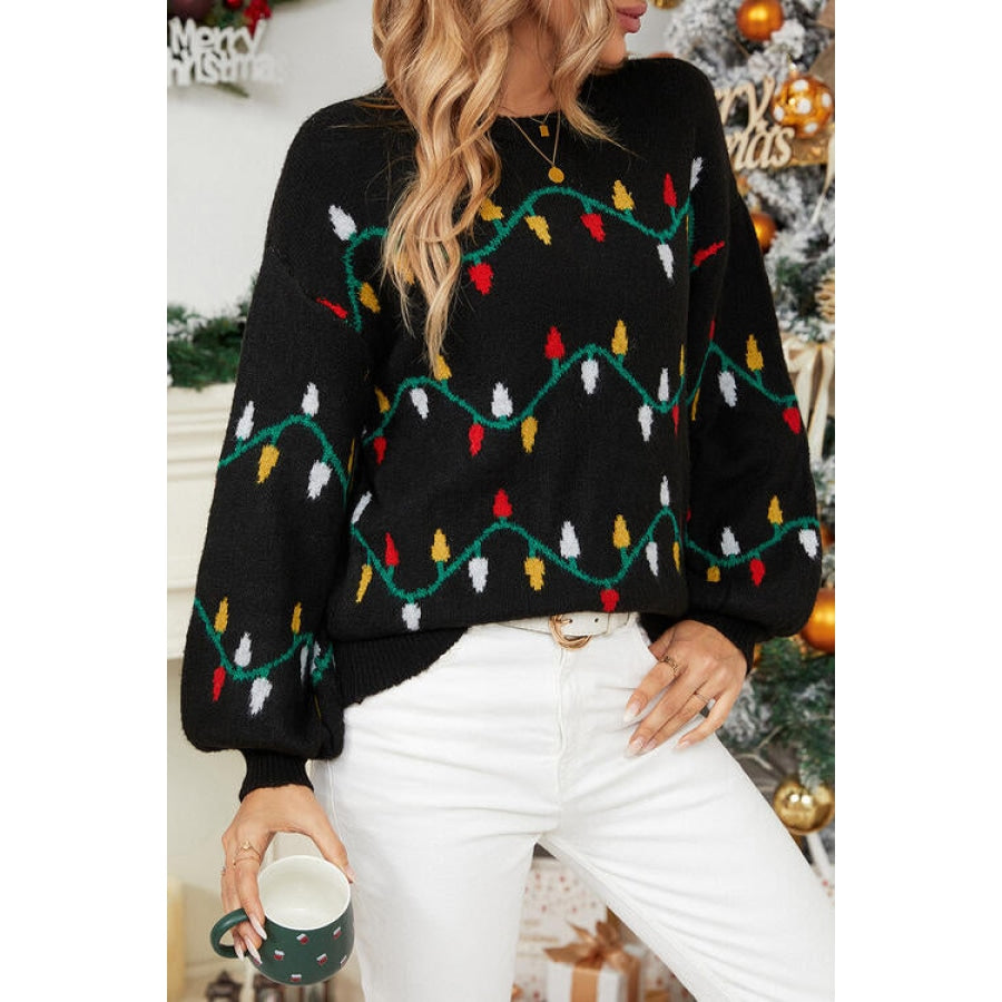 Round Neck Pattern Lantern Sleeve Sweater