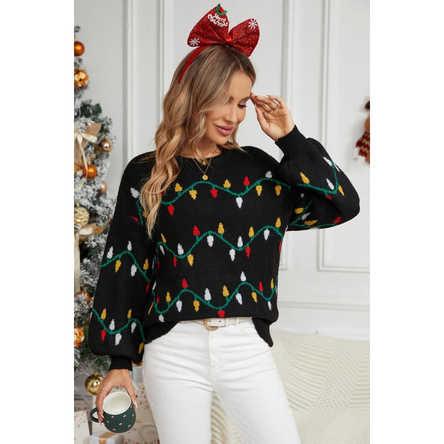 Round Neck Pattern Lantern Sleeve Sweater