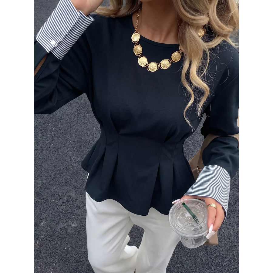 Round Neck Peplum Top with Striped Cuffs Apparel and Accessories