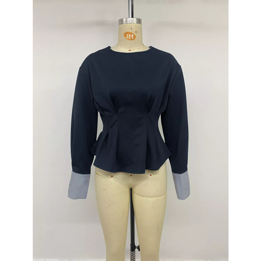 Round Neck Peplum Top with Striped Cuffs Apparel and Accessories