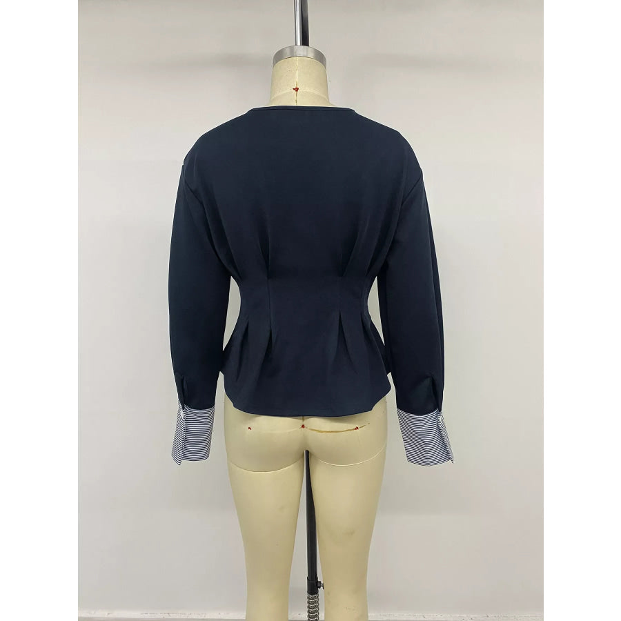 Round Neck Peplum Top with Striped Cuffs Apparel and Accessories