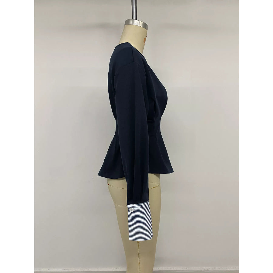 Round Neck Peplum Top with Striped Cuffs Apparel and Accessories